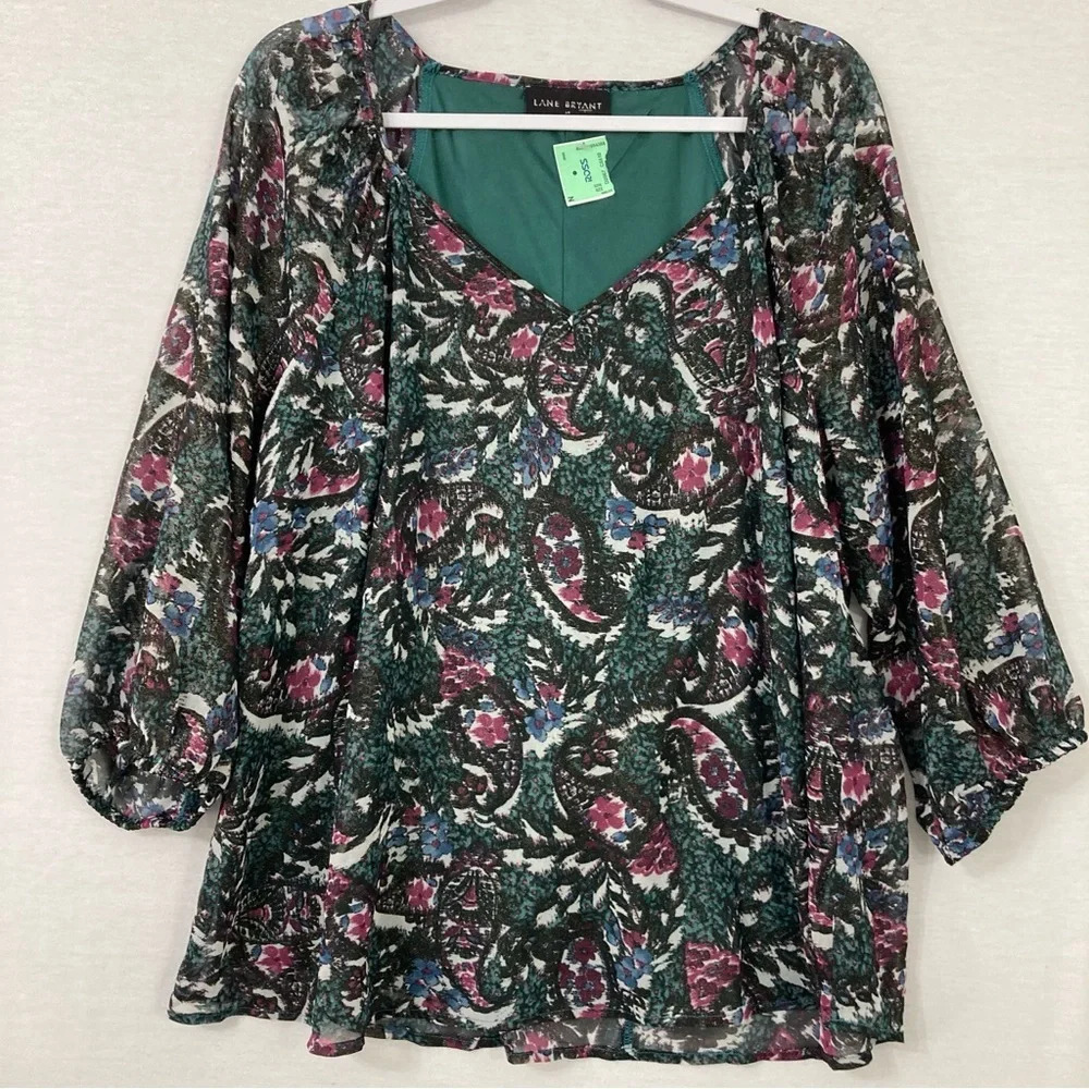 New Lane Bryant Green Purple Sweetheart Neckline Floral Blouse size 14